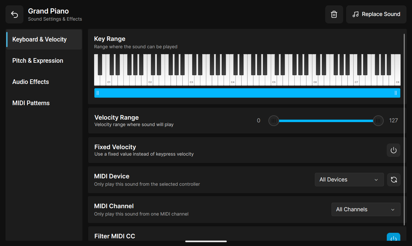 Keyboard & Velocity Settings